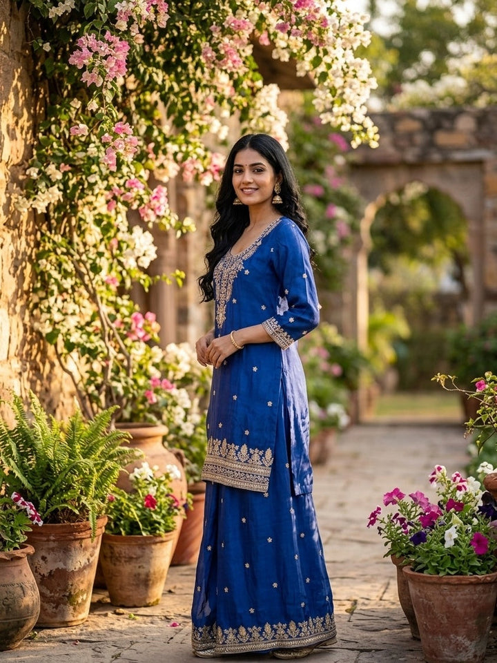 Royal Blue Sequins Crepe Readymade Salwar Suit
