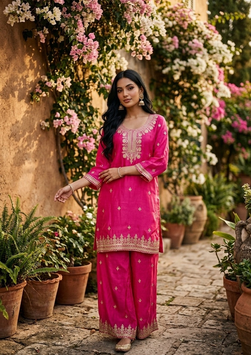 Rani Pink Sequins Crepe Readymade Salwar Suit