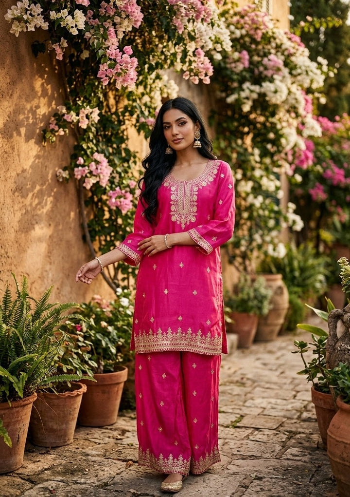 Rani Pink Sequins Crepe Readymade Salwar Suit