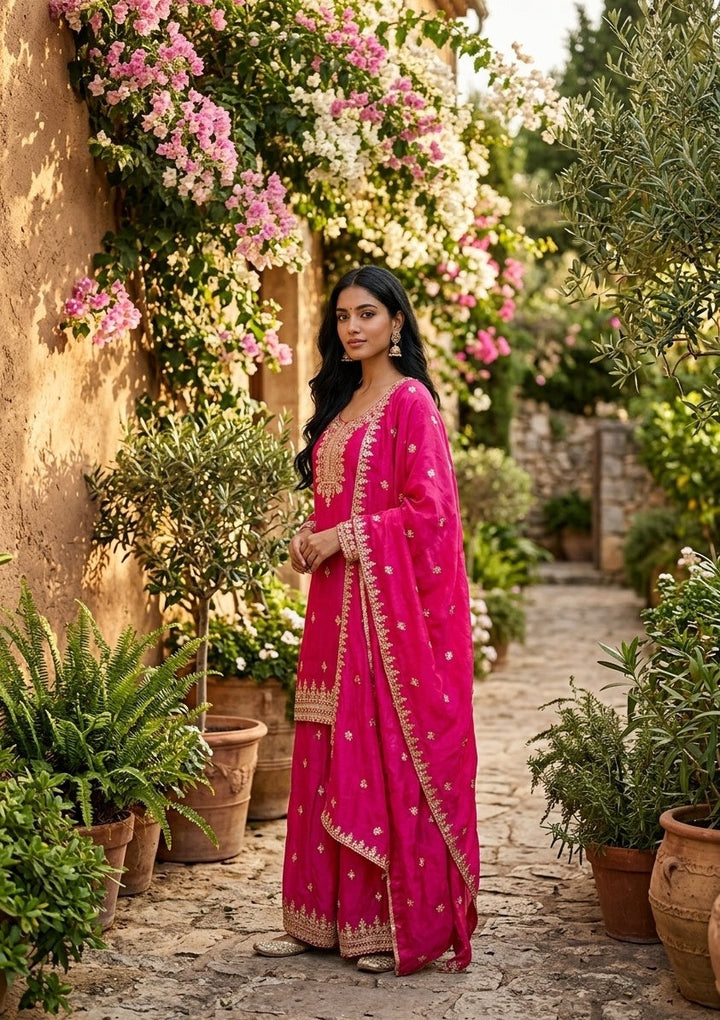 Rani Pink Sequins Crepe Readymade Salwar Suit