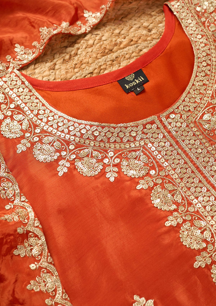 Rust Sequins Crepe Readymade Salwar Suit