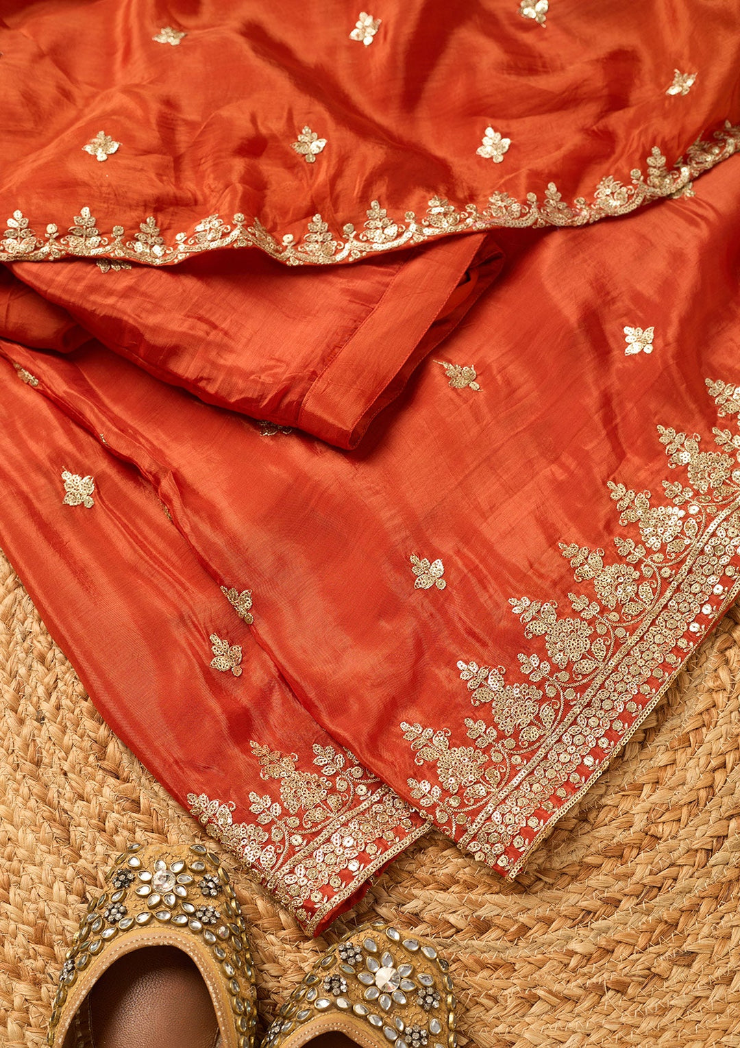 Rust Sequins Crepe Readymade Salwar Suit