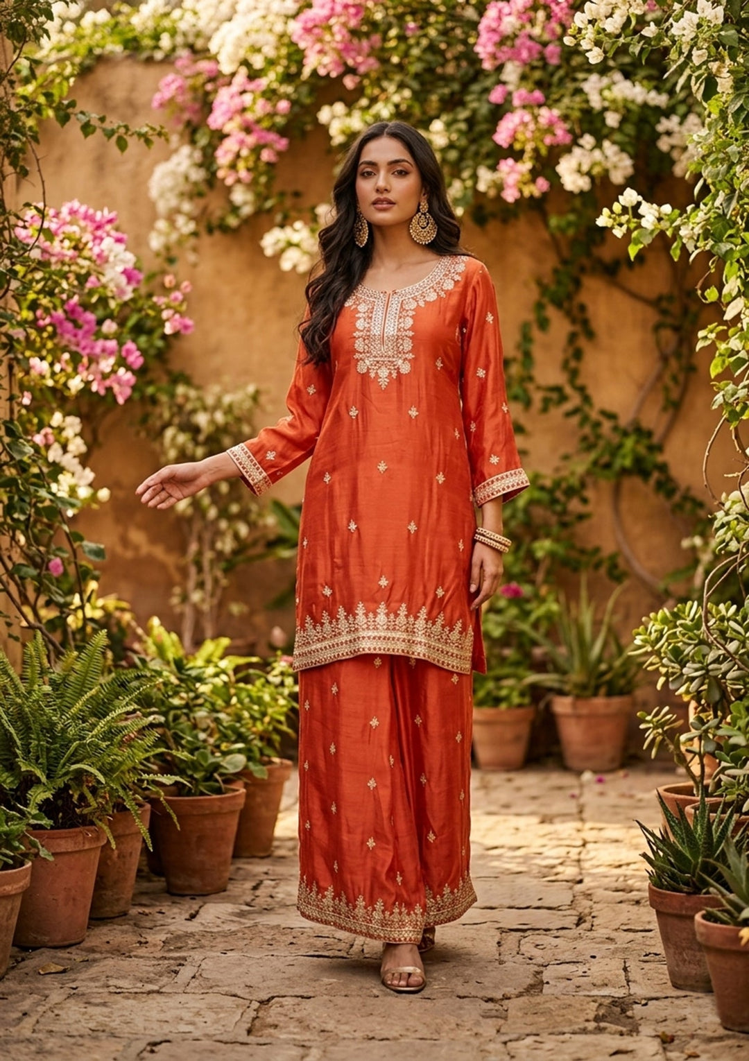 Rust Sequins Crepe Readymade Salwar Suit