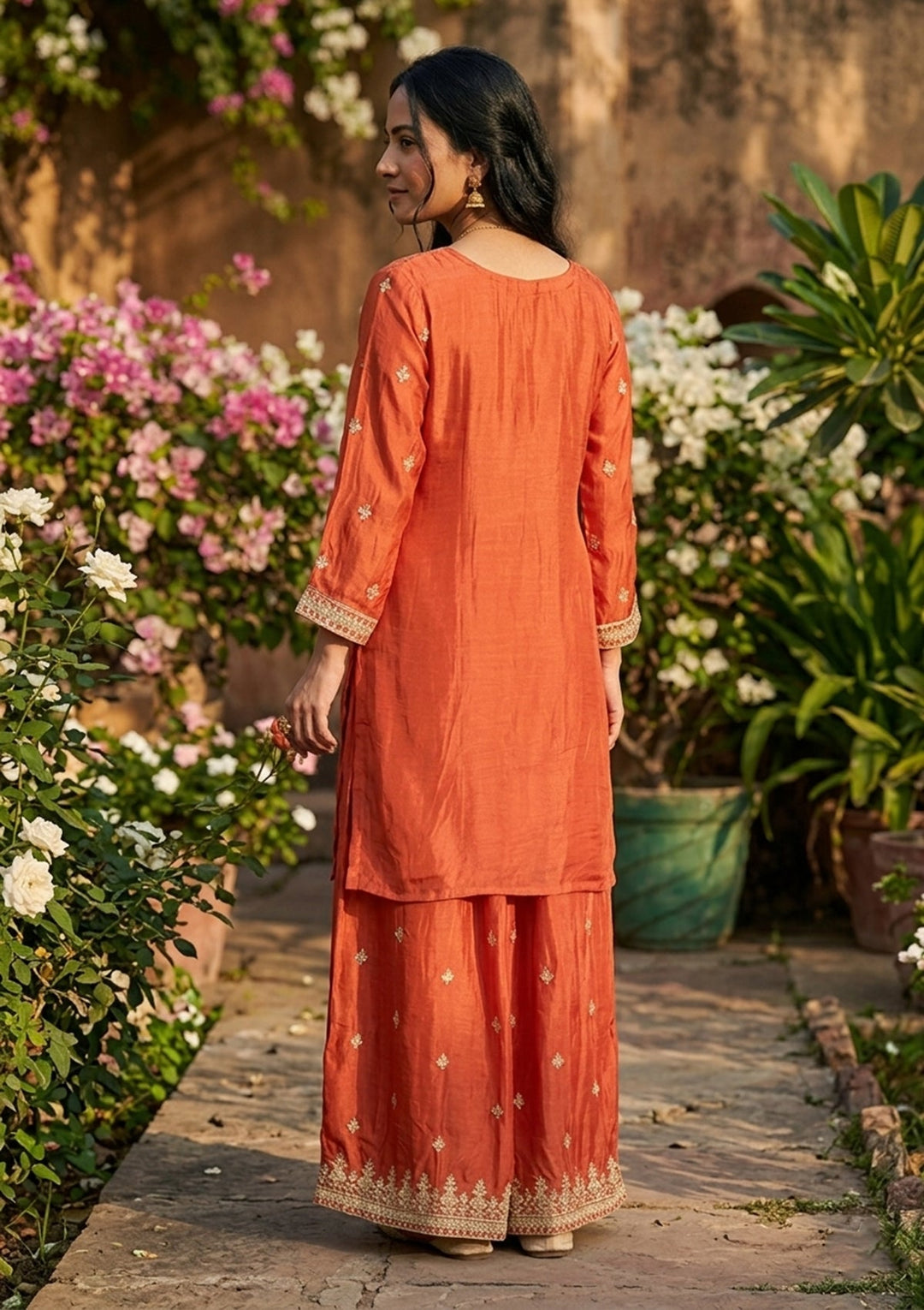 Rust Sequins Crepe Readymade Salwar Suit