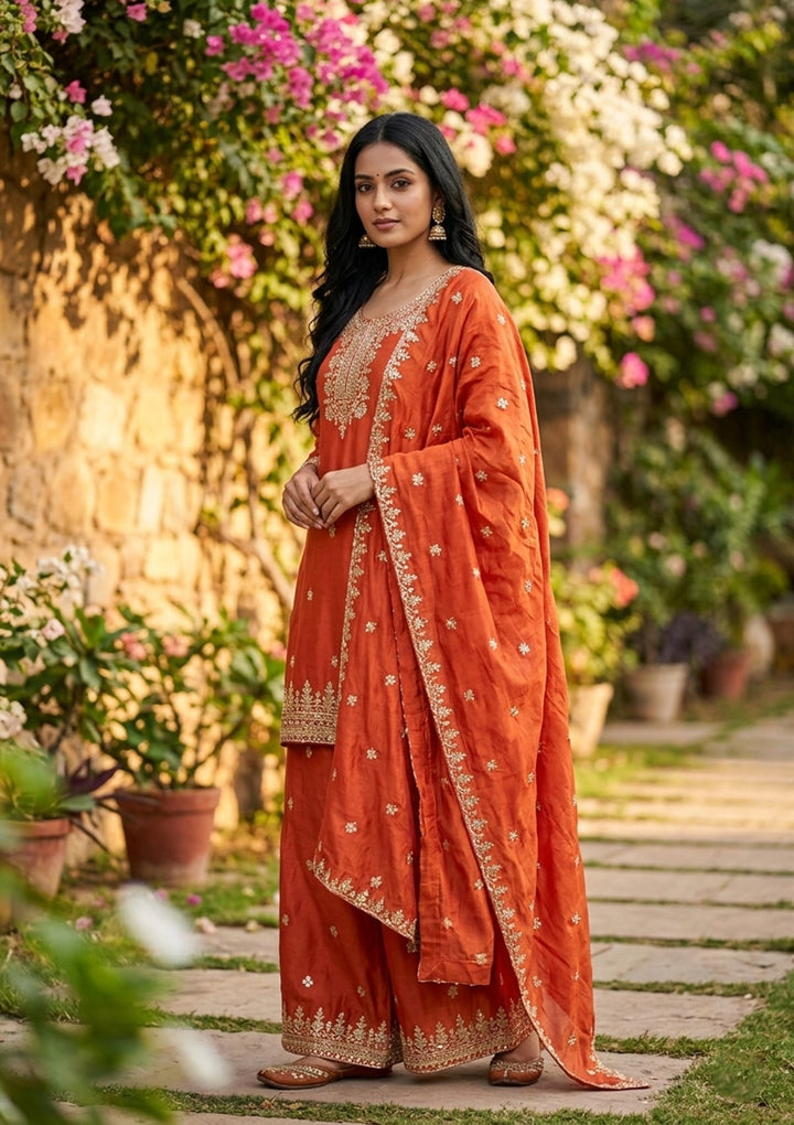 Rust Sequins Crepe Readymade Salwar Suit