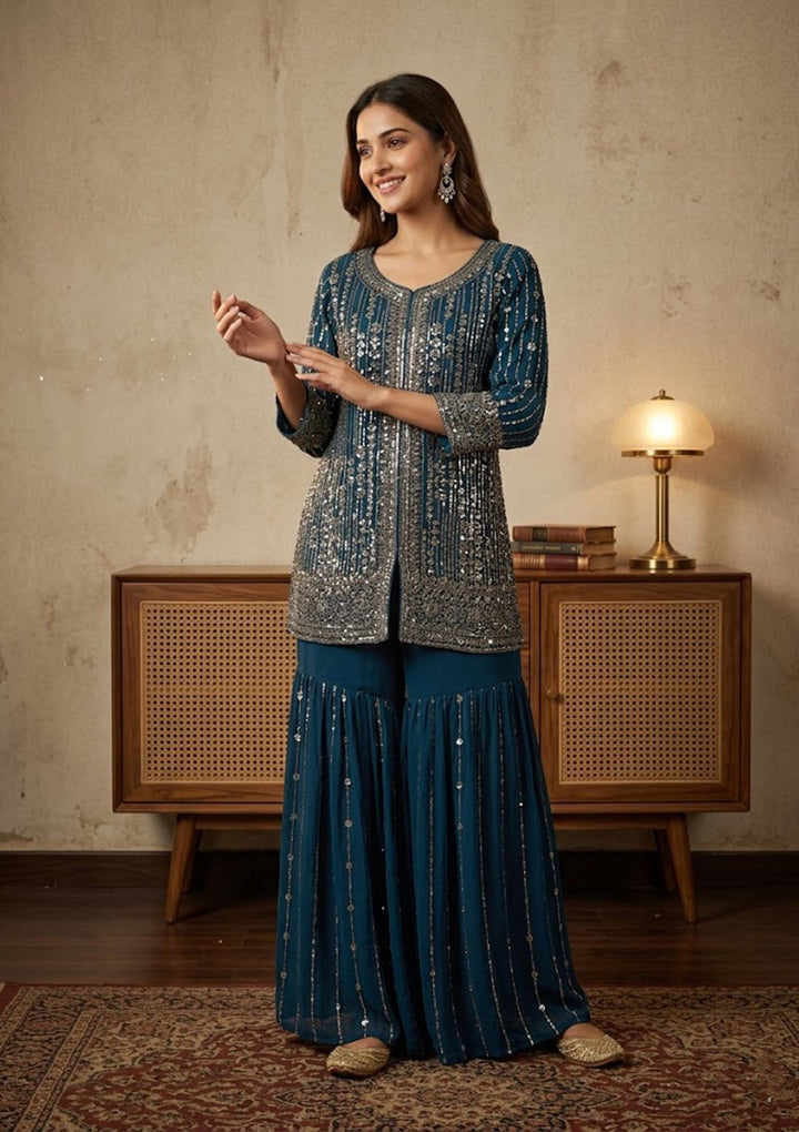 Navy Blue Georgette Cutdana Straight Kurta With Sharara And Dupatta