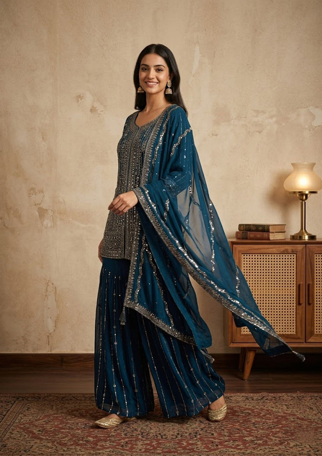 Navy Blue Georgette Cutdana Straight Kurta With Sharara And Dupatta