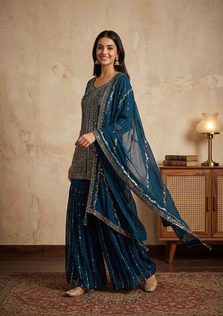 Navy Blue Georgette Cutdana Straight Kurta With Sharara And Dupatta