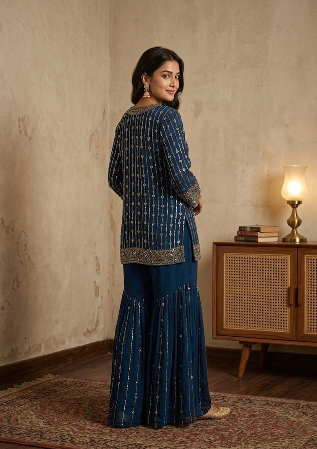 Navy Blue Georgette Cutdana Straight Kurta With Sharara And Dupatta