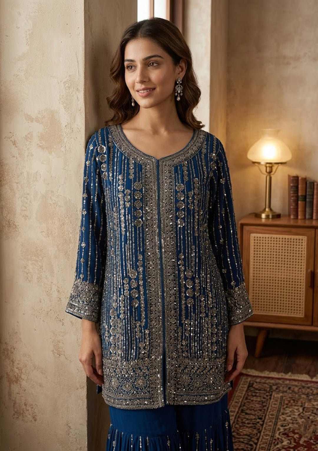 Navy Blue Georgette Cutdana Straight Kurta With Sharara And Dupatta