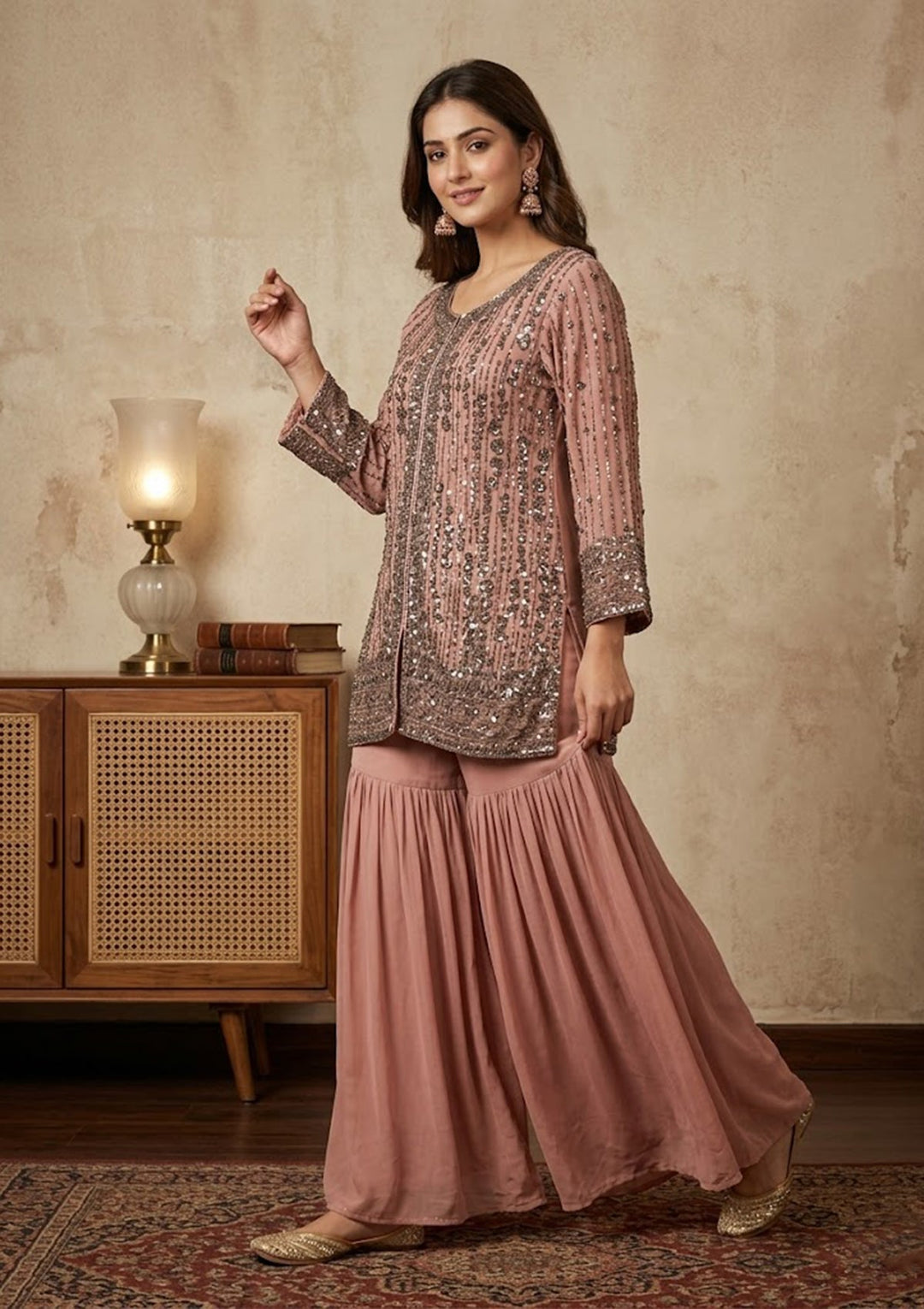 Peach Cutdana Georgette Readymade Salwar Suit