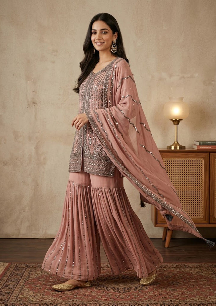 Peach Cutdana Georgette Readymade Salwar Suit