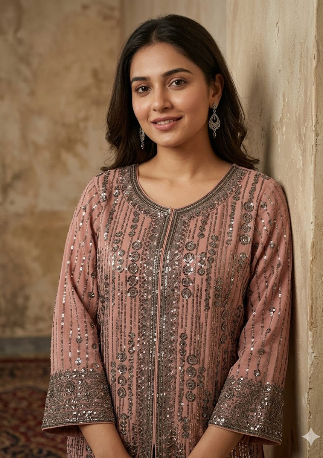 Peach Cutdana Georgette Readymade Salwar Suit