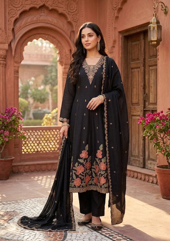 Black Cording Chanderi Readymade Salwar Suit