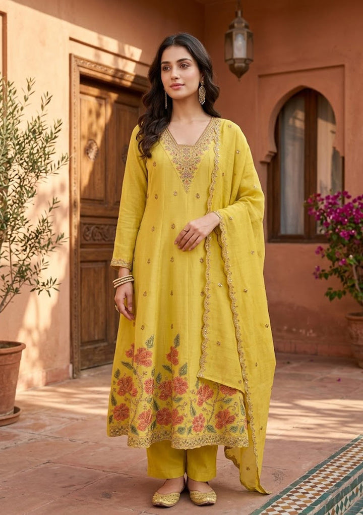 Mustard Cording Chanderi Readymade Salwar Suit