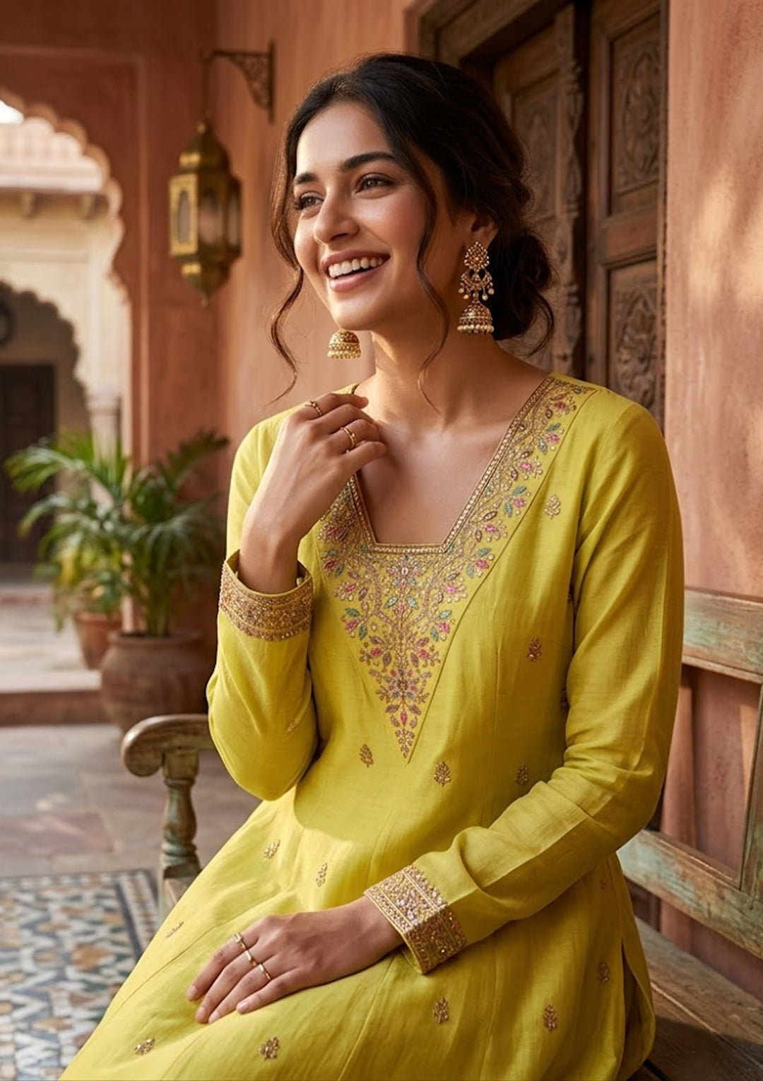 Mustard Cording Chanderi Readymade Salwar Suit