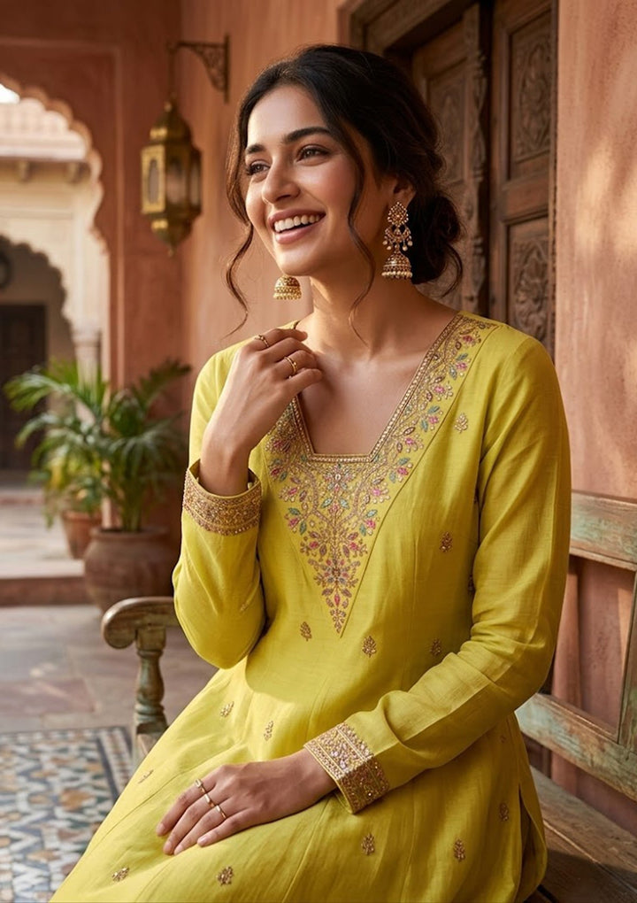 Mustard Cording Chanderi Readymade Salwar Suit