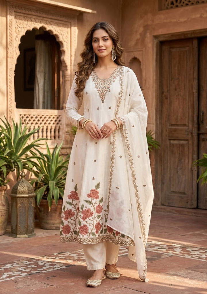 Off White Cording Chanderi Readymade Salwar Suit