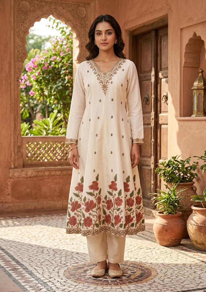 Off White Cording Chanderi Readymade Salwar Suit
