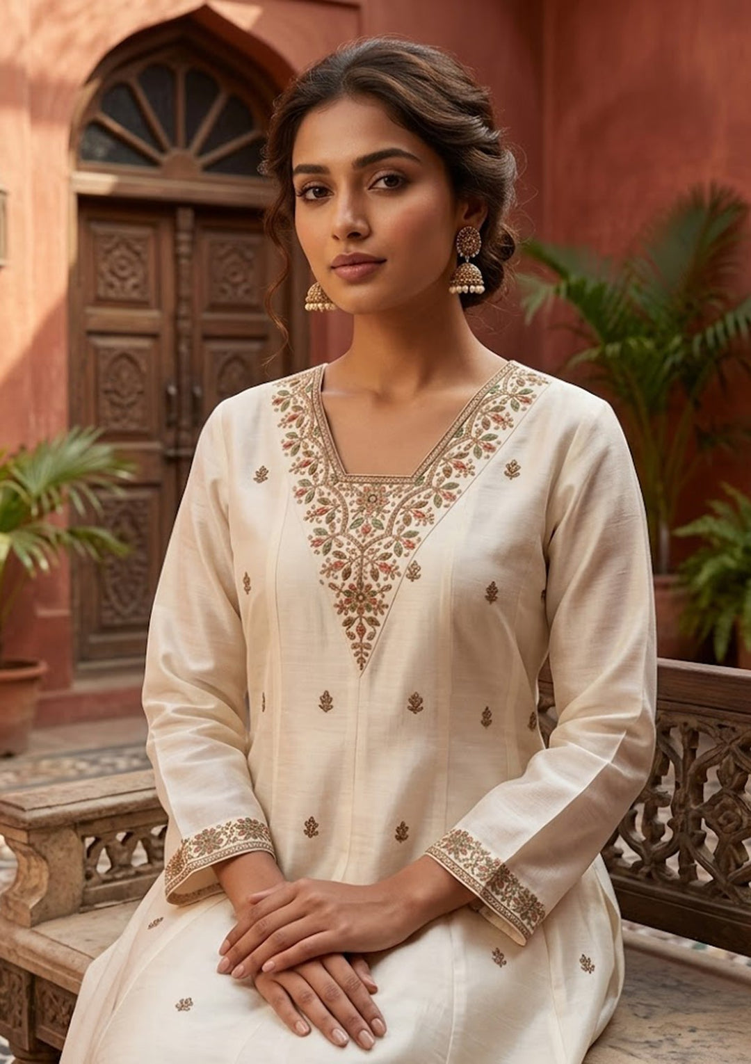 Off White Cording Chanderi Readymade Salwar Suit