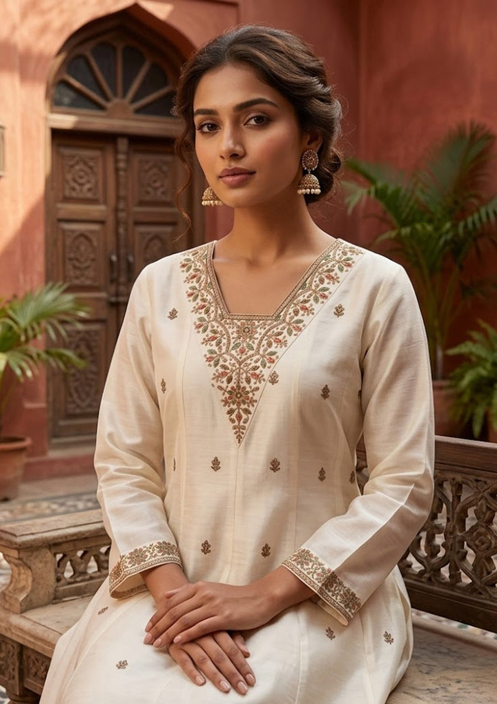 Off White Cording Chanderi Readymade Salwar Suit