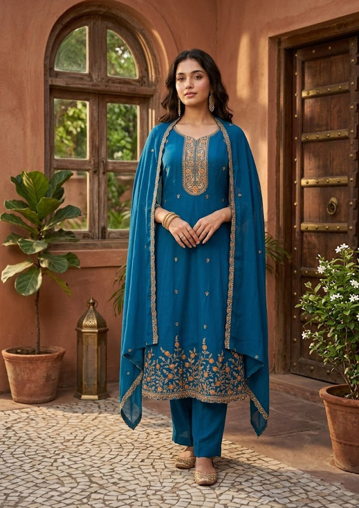 Navy Blue Cording Chanderi Readymade Salwar Suit