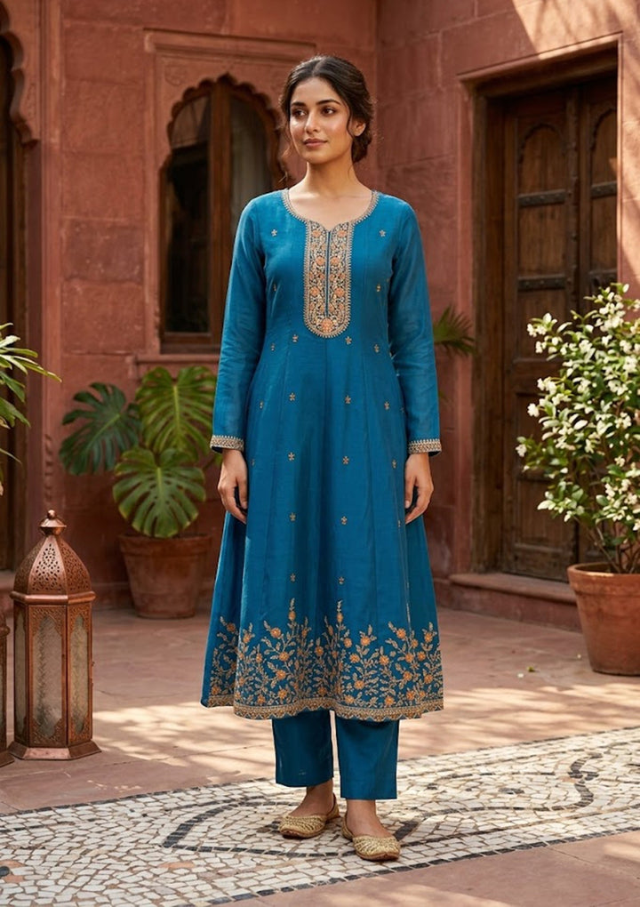 Navy Blue Cording Chanderi Readymade Salwar Suit