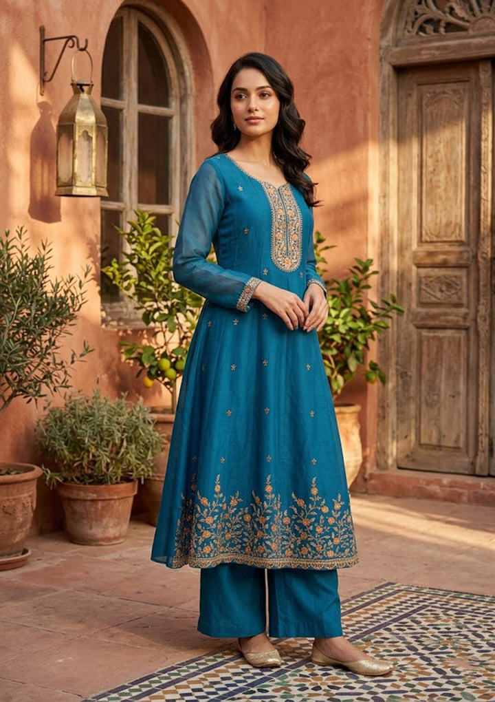 Navy Blue Cording Chanderi Readymade Salwar Suit