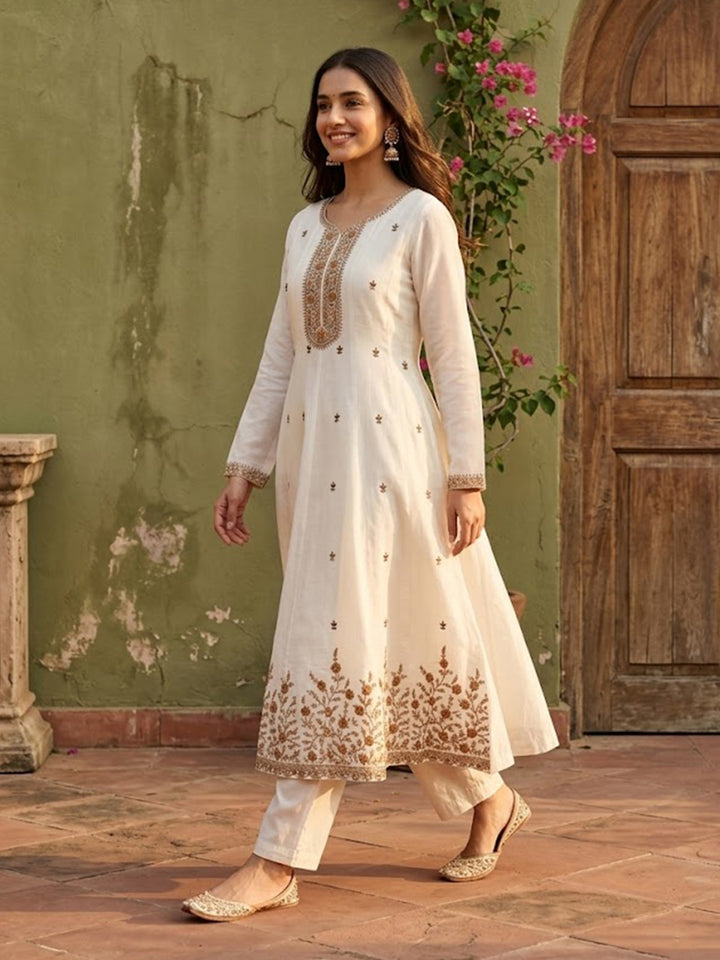 Off White Chanderi Cording Anarkali Kurta With Pant Regular And Dupatta
