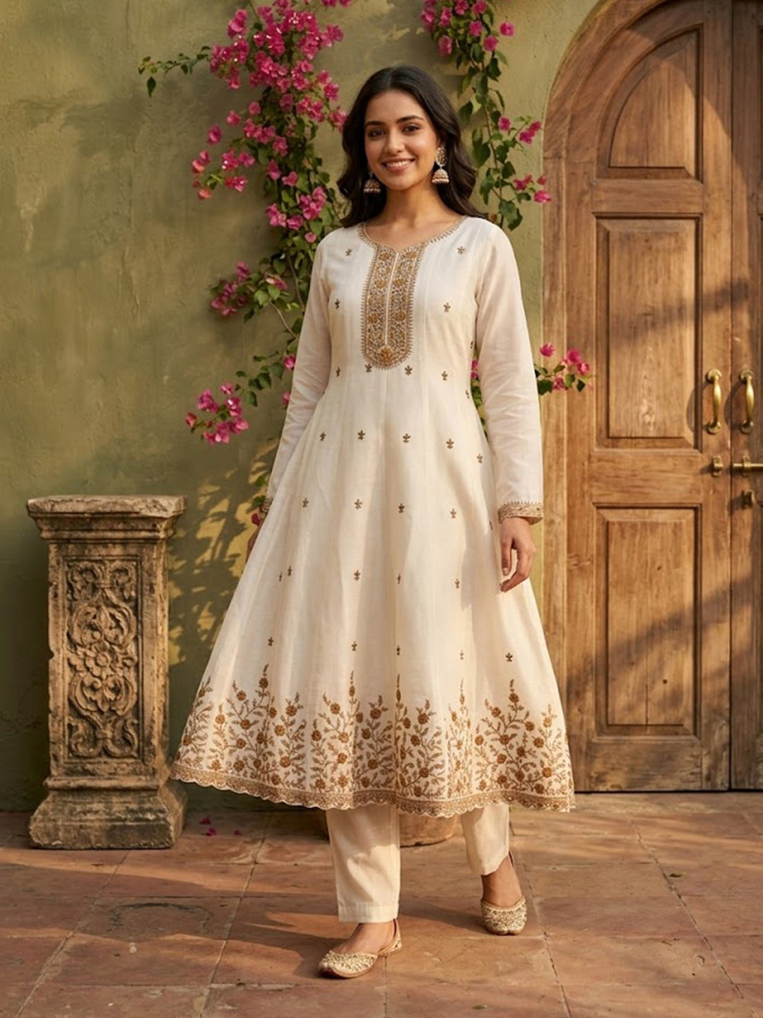 Off White Chanderi Cording Anarkali Kurta With Pant Regular And Dupatta