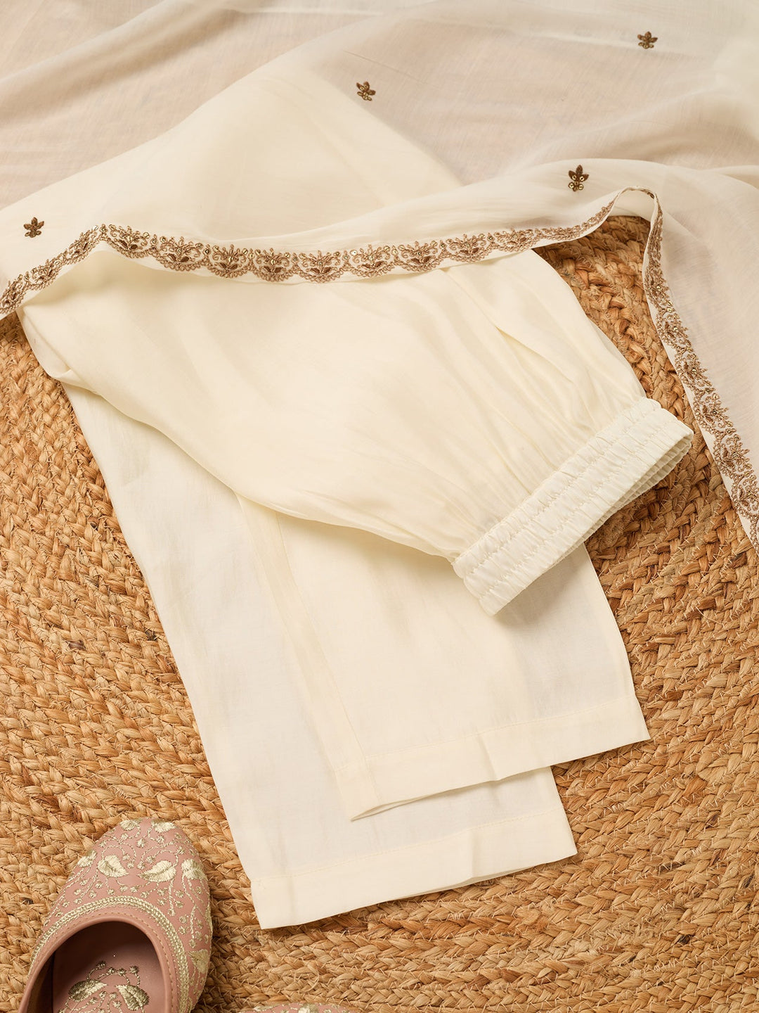 Off White Chanderi Cording Anarkali Kurta With Pant Regular And Dupatta