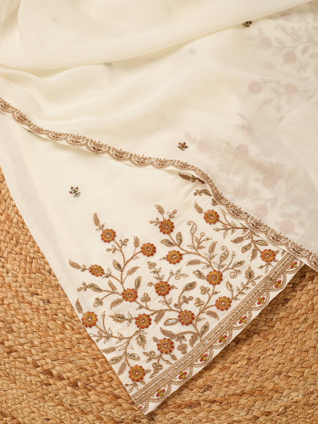 Off White Chanderi Cording Anarkali Kurta With Pant Regular And Dupatta