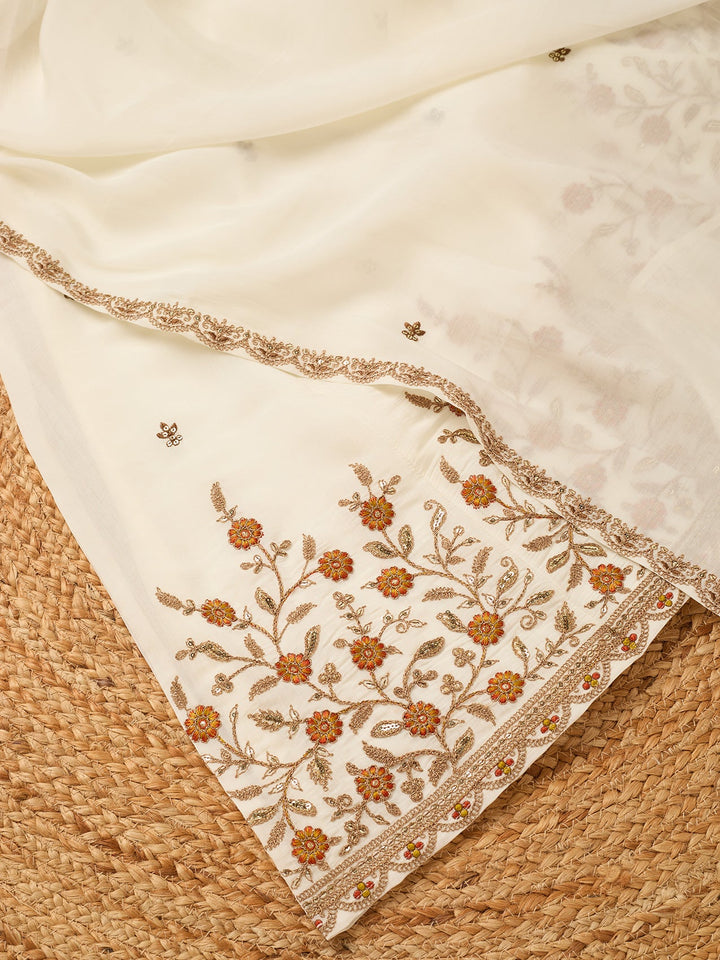 Off White Chanderi Cording Anarkali Kurta With Pant Regular And Dupatta