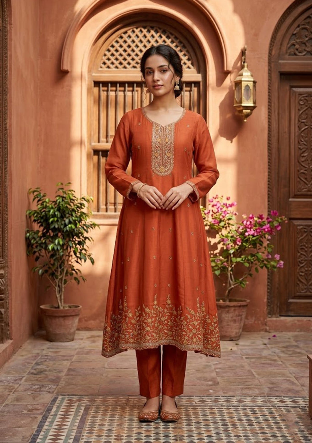 Rust Cording Chanderi Readymade Salwar Suit