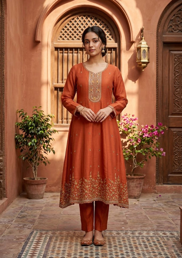 Rust Cording Chanderi Readymade Salwar Suit