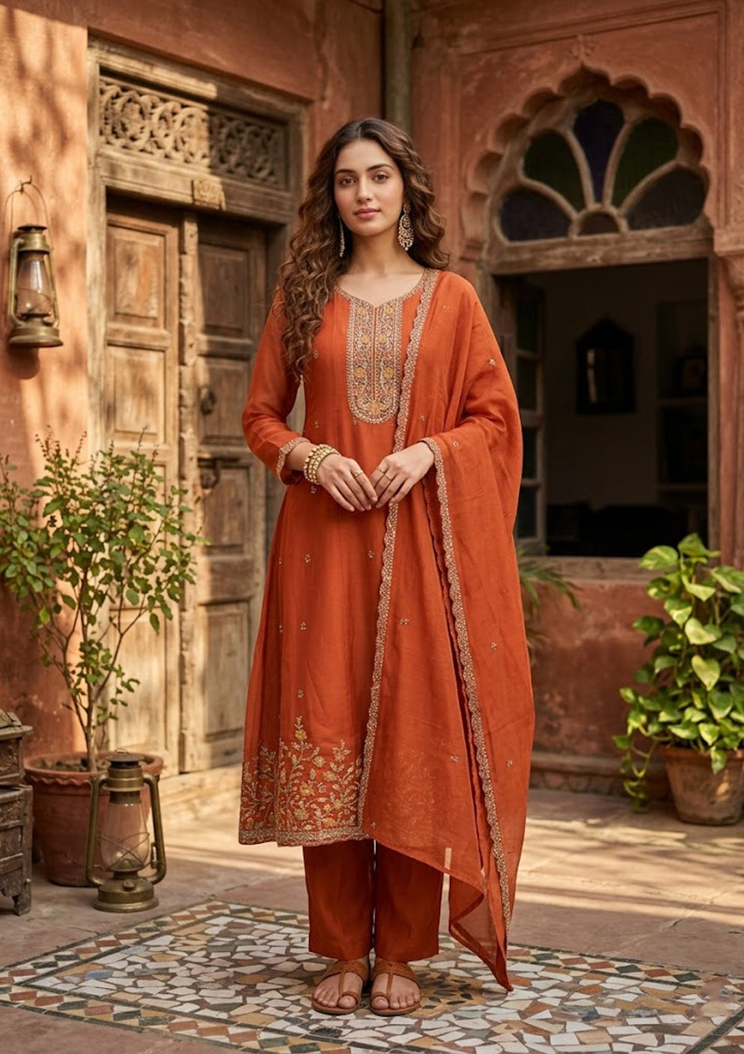 Rust Cording Chanderi Readymade Salwar Suit