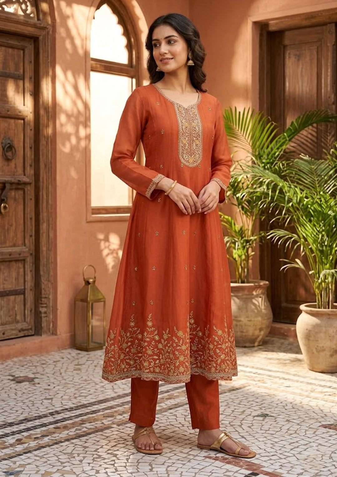 Rust Cording Chanderi Readymade Salwar Suit