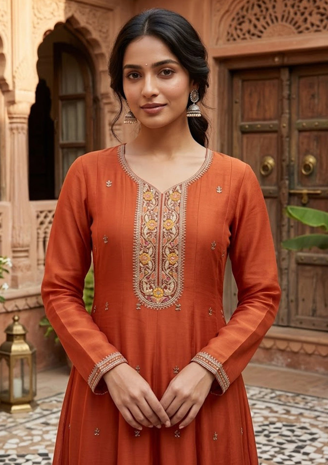 Rust Cording Chanderi Readymade Salwar Suit
