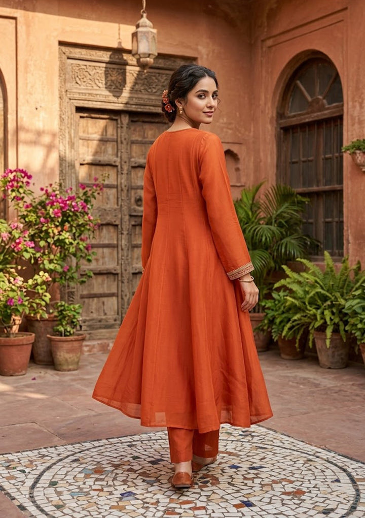 Rust Cording Chanderi Readymade Salwar Suit