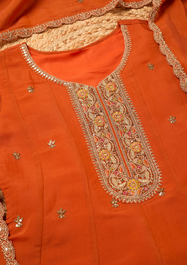 Rust Cording Chanderi Readymade Salwar Suit