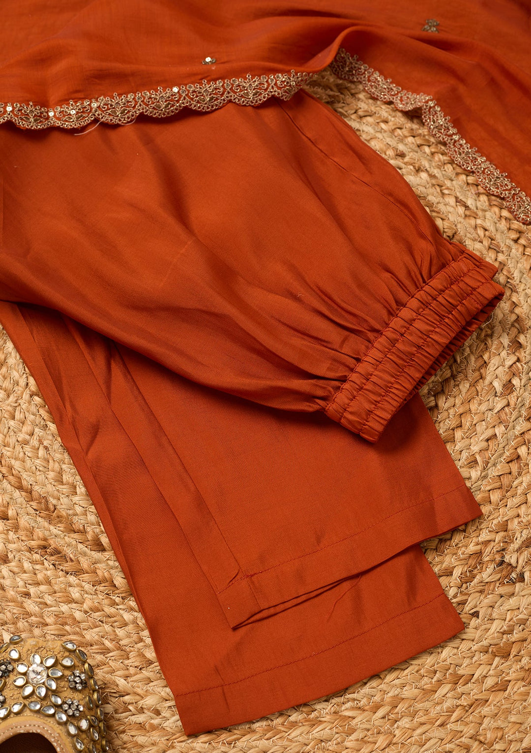 Rust Cording Chanderi Readymade Salwar Suit