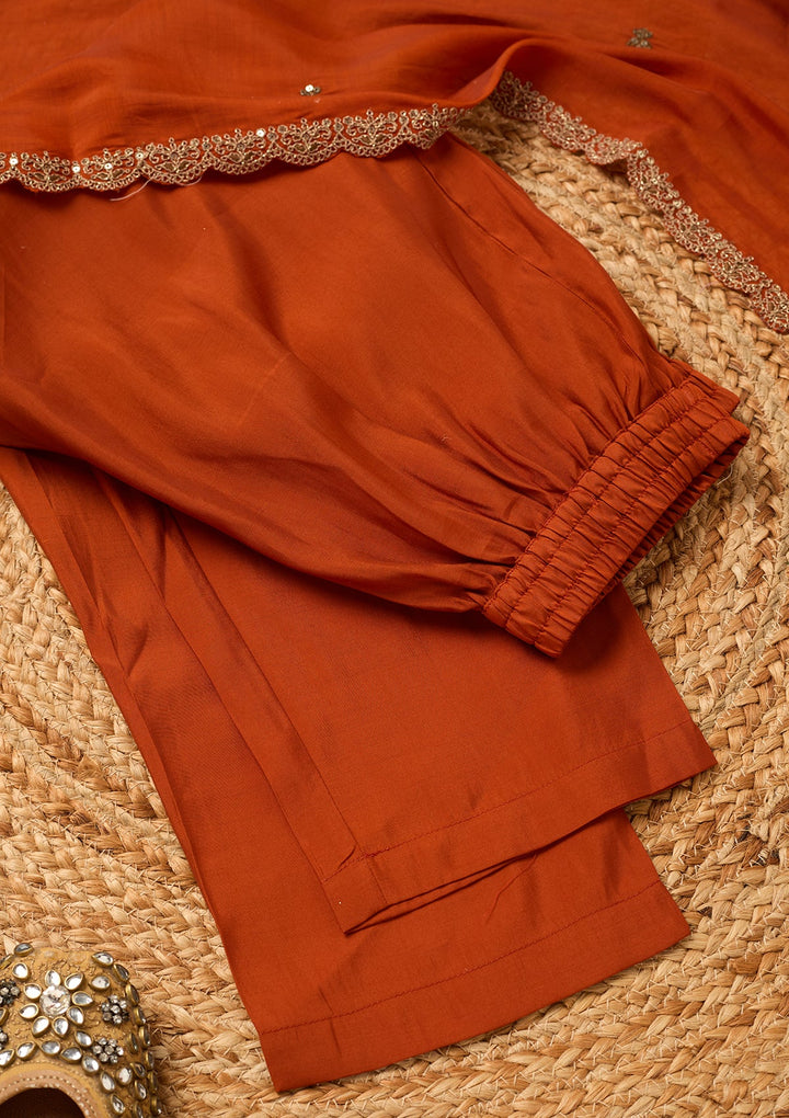 Rust Cording Chanderi Readymade Salwar Suit