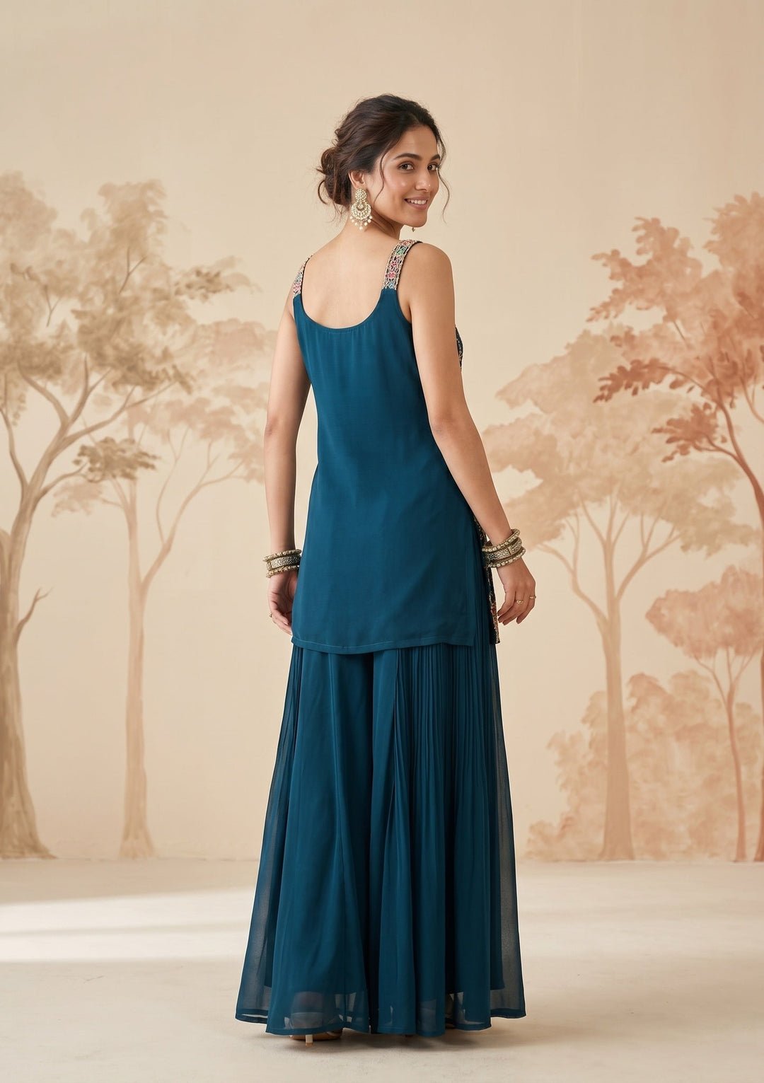 Peacock Blue Threadwork Georgette Readymade Salwar Suit