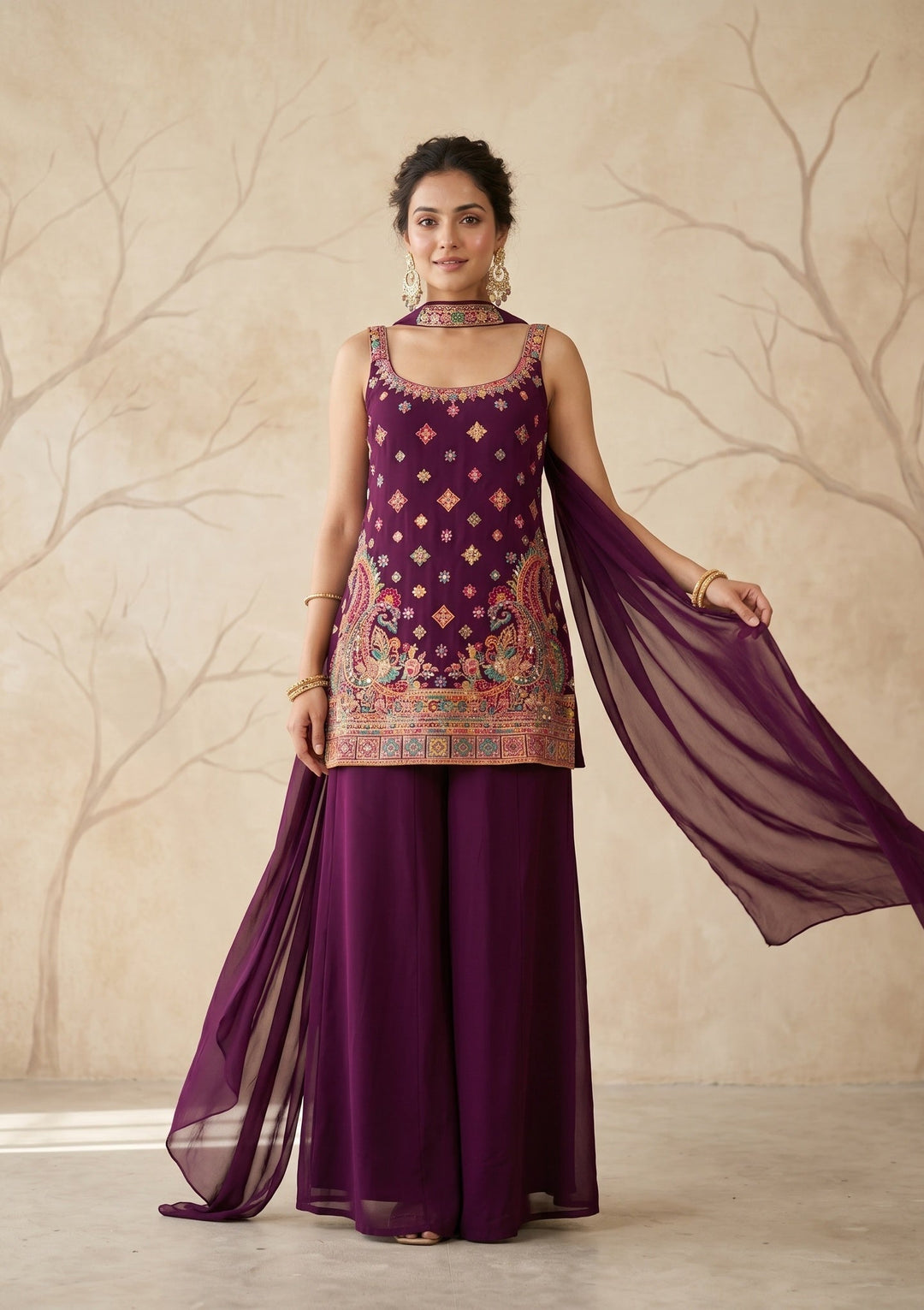 Wine Threadwork Georgette Readymade Salwar Suit