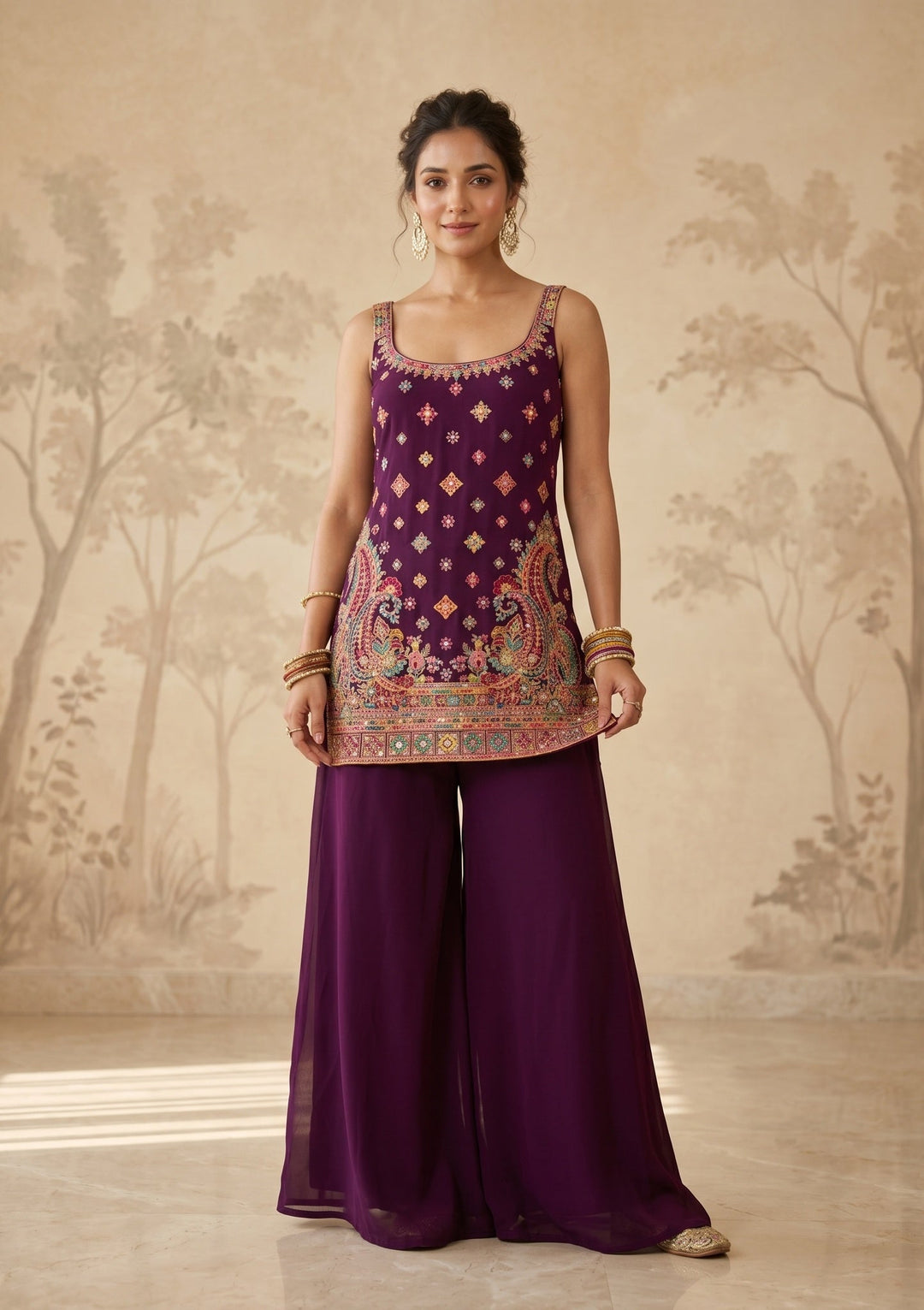 Wine Threadwork Georgette Readymade Salwar Suit