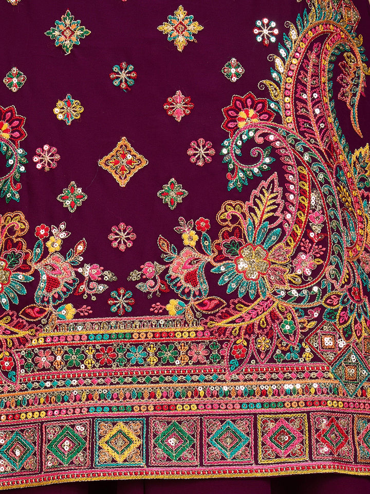 Wine Threadwork Georgette Readymade Salwar Suit