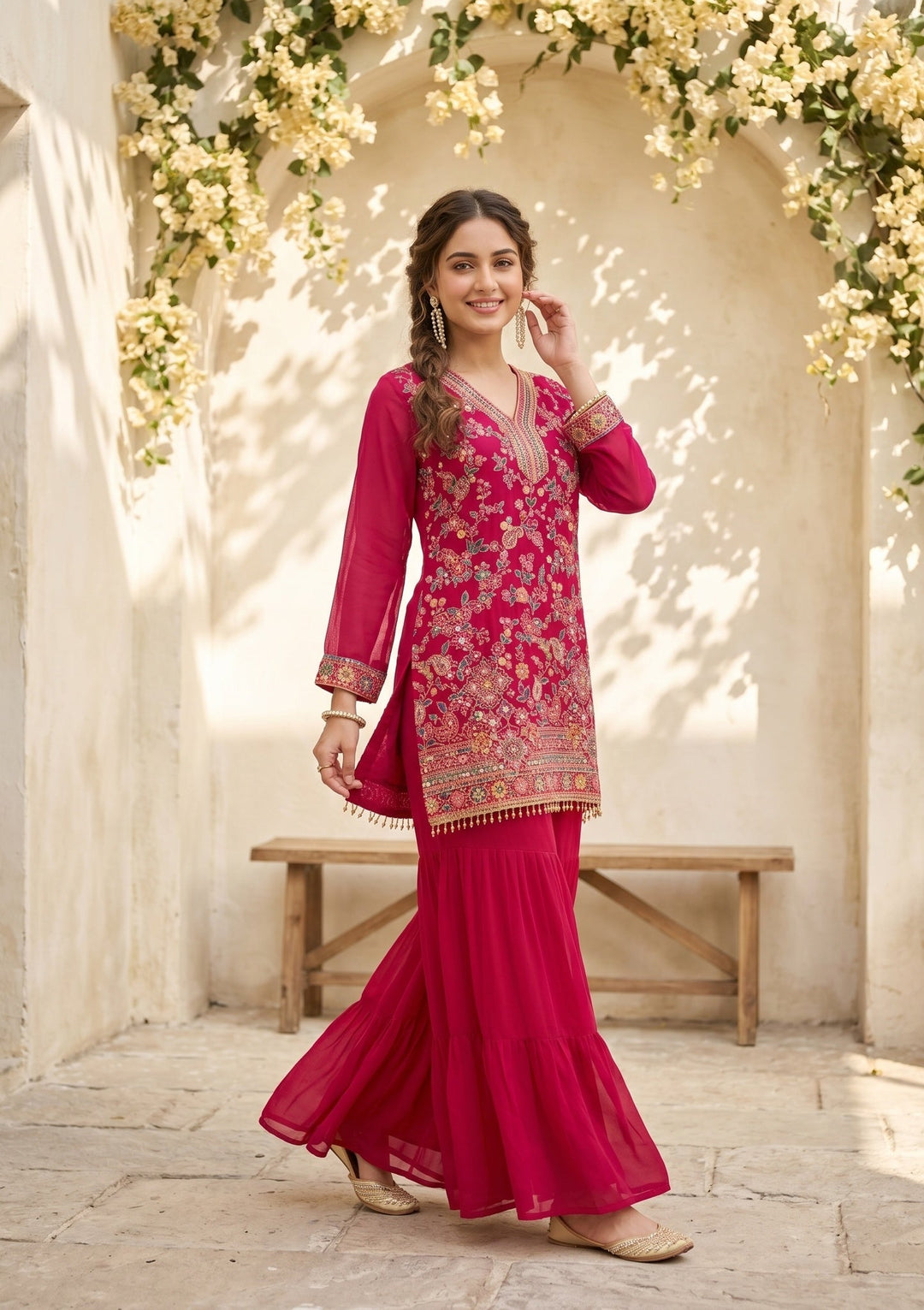 Rani Pink Threadwork Georgette Readymade Salwar Suit