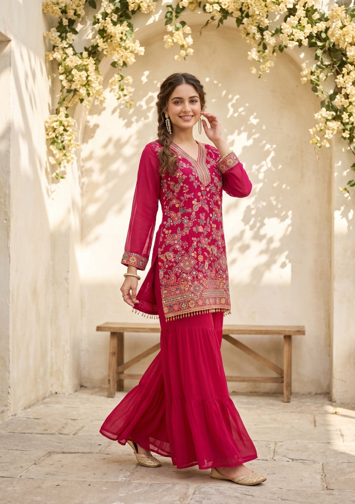 Rani Pink Threadwork Georgette Readymade Salwar Suit