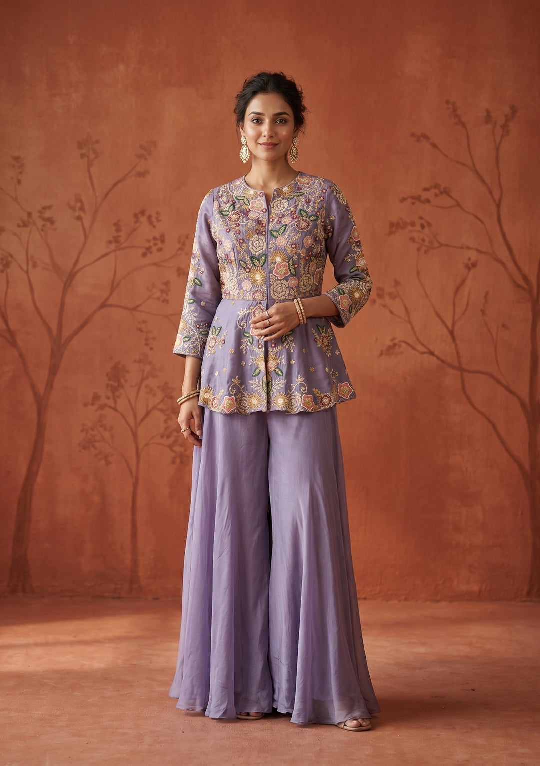 Lavender Threadwork Crepe Readymade Salwar Suit