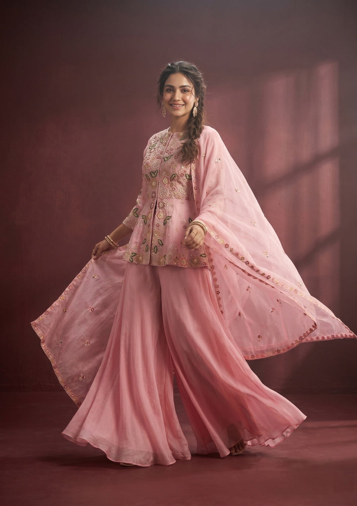 Pink Threadwork Crepe Readymade Salwar Suit